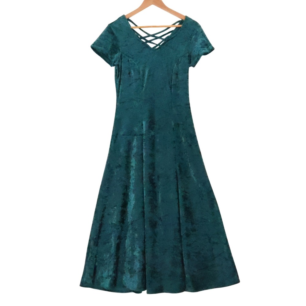 Styleworks‎ Vintage 90s Crushed Velvet Maxi Dress Womens Size S Whimsigoth Green